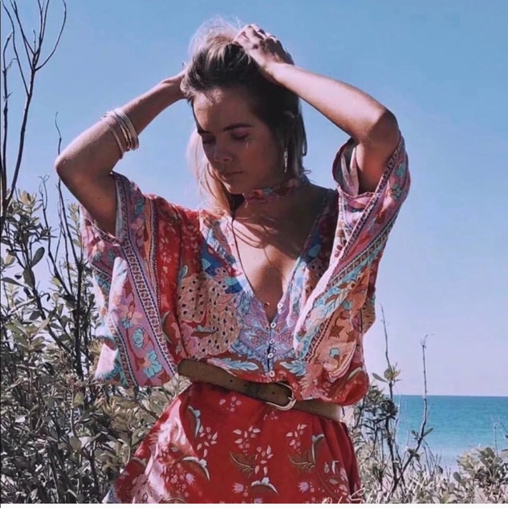 NEW Sexy Peacock Red Boho Lotus Kimono Romper - Picture 2 of 8